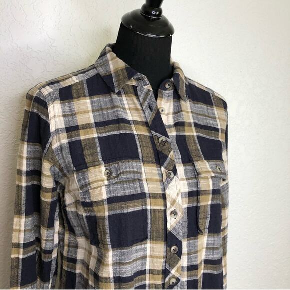 Fat Face navy blue tan and cream plaid button down top size 12 - Picture 2 of 15